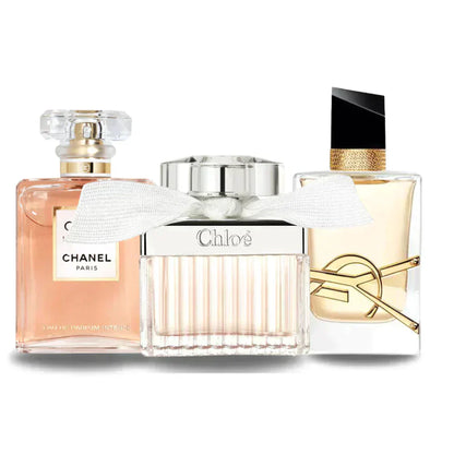 Box of 3 Perfumes: Chanel COCO MADEMOISELLE, Yves Saint Laurent LIBRE & CHLOÉ 100ml
